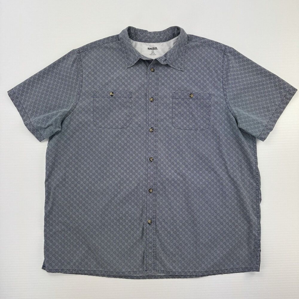 KingSize 2XL Big Button Up Shirt Blue Geometric Short Sleeve Casual Flaw/Wear
